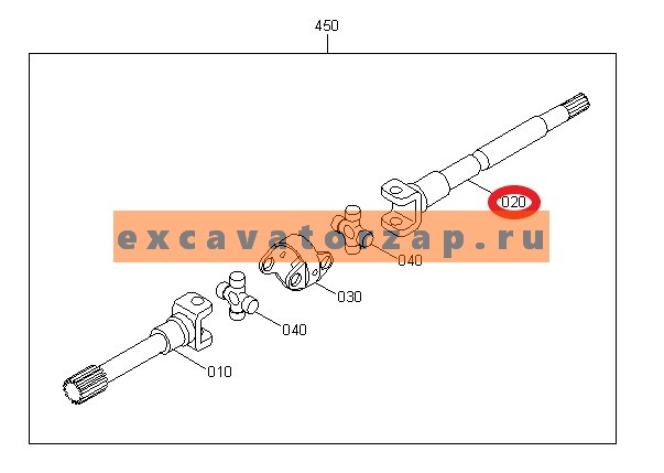 Полуось K9004082 (длинная) переднего моста экскаватора Hyundai R200W-7, R210W-9, R210W-9S